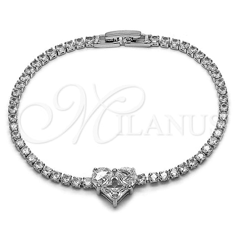 Pulsera Elegante 03.130.0035.2.07 Rodio Laminado, Diseño de Corazón, con Zirconia Cubica Blanca, Pulido, Rodinado (Grosor 02.5 MM, 7 Pulgadas de Largo)