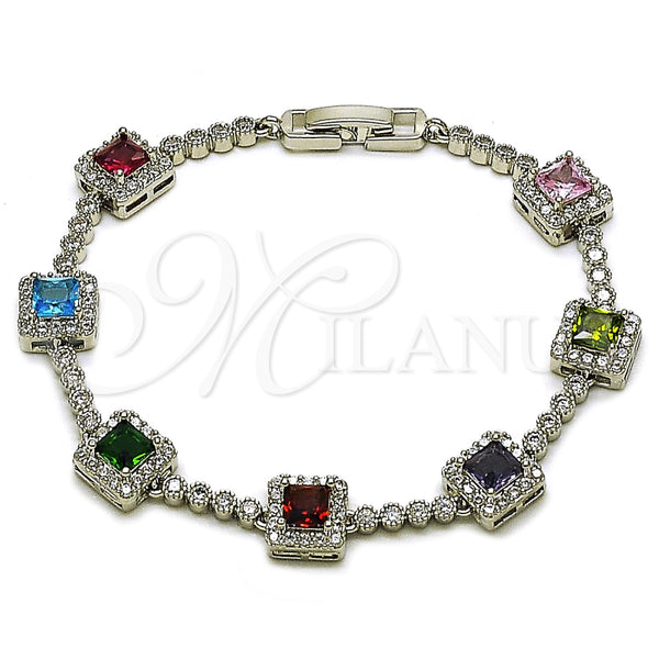 Pulsera Tennis 03.283.0526.4.07 Rodio Laminado, Diseño de Cluster, con Zirconia Cubica Multicolor y Blanca, Pulido, Rodinado (Grosor 08.8 MM, 8 Pulgadas de Largo)