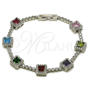 Pulsera Tennis 03.283.0526.4.07 Rodio Laminado, Diseño de Cluster, con Zirconia Cubica Multicolor y Blanca, Pulido, Rodinado (Grosor 08.8 MM, 8 Pulgadas de Largo)