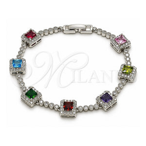 Pulsera Tennis 03.283.0526.4.07 Oro Laminado Blanco, Diseño de Cluster, con Zirconia Cubica Multicolor y Blanca, Pulido, Rodinado (Grosor 08.8 MM, 8 Pulgadas de Largo)