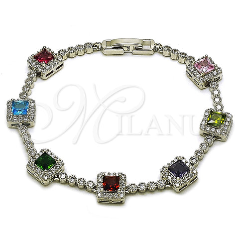 Pulsera Tennis 03.283.0526.4.07 Rodio Laminado, Diseño de Cluster, con Zirconia Cubica Multicolor y Blanca, Pulido, Rodinado (Grosor 08.8 MM, 8 Pulgadas de Largo)