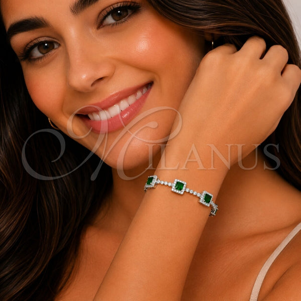 Pulsera Tennis 03.283.0526.6.07 Rodio Laminado, Diseño de Cluster, con Zirconia Cubica Verde y Blanca, Pulido, Rodinado (Grosor 08.8 MM, 8 Pulgadas de Largo)