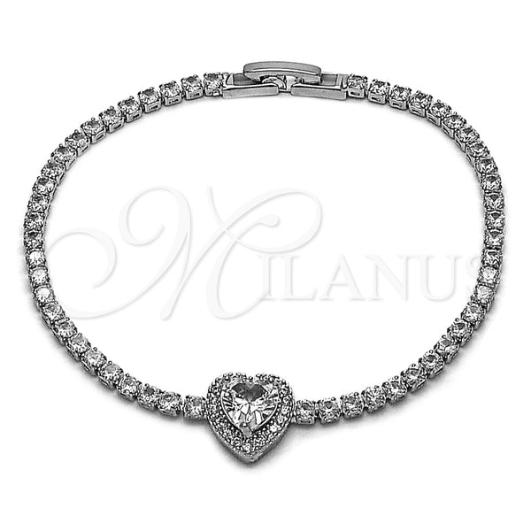 Pulsera Elegante 03.130.0036.07 Rodio Laminado, Diseño de Corazón y Cluster, con Zirconia Cubica Blanca, Pulido, Rodinado (Grosor 02.5 MM, 7 Pulgadas de Largo)