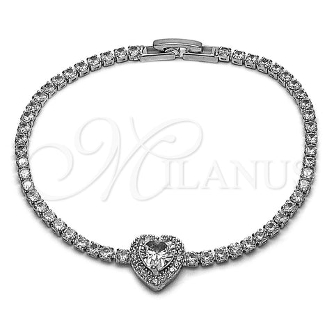 Pulsera Elegante 03.130.0036.07 Rodio Laminado, Diseño de Corazón y Cluster, con Zirconia Cubica Blanca, Pulido, Rodinado (Grosor 02.5 MM, 7 Pulgadas de Largo)