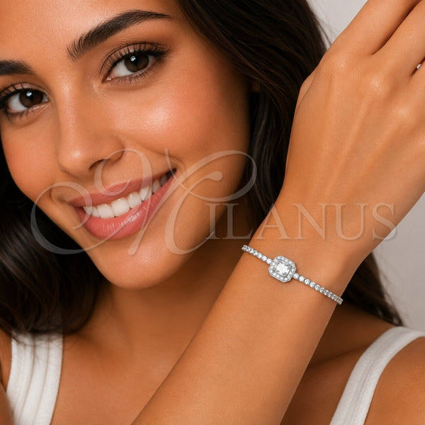 Pulsera Elegante 03.130.0039.07 Rodio Laminado, Diseño de Cluster, con Zirconia Cubica Blanca y Micro Pave Blanca, Pulido, Rodinado (Grosor 02.5 MM, 7 Pulgadas de Largo)