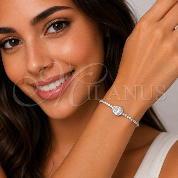 Pulsera Elegante 03.130.0040.07 Rodio Laminado, Diseño de Gota y Cluster, con Zirconia Cubica Blanca y Micro Pave Blanca, Pulido, Rodinado (Grosor 02.5 MM, 7 Pulgadas de Largo)