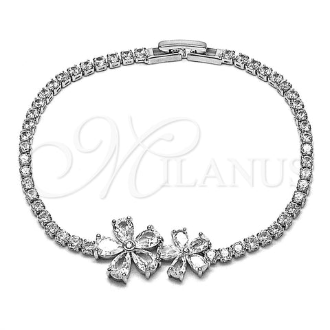 Pulsera Elegante 03.130.0041.07 Rodio Laminado, Diseño de Flor, con Zirconia Cubica Blanca, Pulido, Rodinado (Grosor 02.5 MM, 7 Pulgadas de Largo)
