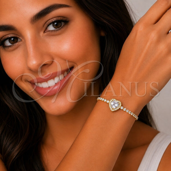 Pulsera Elegante 03.130.0036.1.07 Oro Laminado, Diseño de Corazón y Cluster, con Zirconia Cubica Blanca, Pulido, Tono Dorado (Grosor 02.5 MM, 7 Pulgadas de Largo)