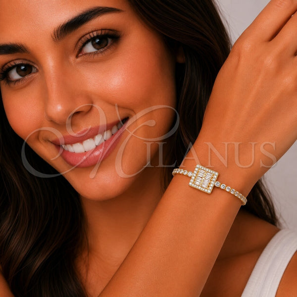 Pulsera Elegante 03.130.0044.07 Oro Laminado, Diseño de Baguette, con Zirconia Cubica Blanca, Pulido, Tono Dorado (Grosor 02.5 MM, 7 Pulgadas de Largo)