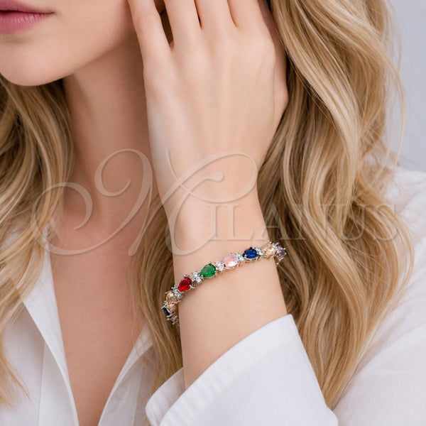 Pulsera Tennis 03.460.0001.07 Rodio Laminado, Diseño de Gota, con Zirconia Cubica Multicolor y Blanca, Pulido, Rodinado (Grosor 07.2 MM, 8 Pulgadas de Largo)