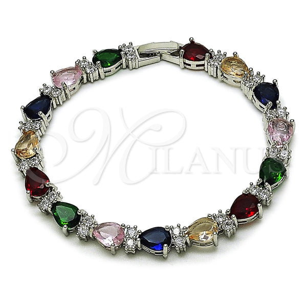 Pulsera Tennis 03.460.0001.07 Rodio Laminado, Diseño de Gota, con Zirconia Cubica Multicolor y Blanca, Pulido, Rodinado (Grosor 07.2 MM, 8 Pulgadas de Largo)