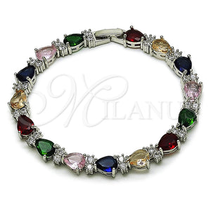 Pulsera Tennis 03.460.0001.07 Rodio Laminado, Diseño de Gota, con Zirconia Cubica Multicolor y Blanca, Pulido, Rodinado (Grosor 07.2 MM, 8 Pulgadas de Largo)