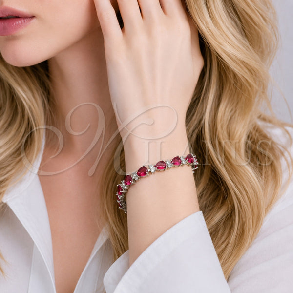 Pulsera Tennis 03.460.0001.5.07 Rodio Laminado, Diseño de Gota, con Zirconia Cubica Rubi y Blanca, Pulido, Rodinado (Grosor 07.2 MM, 8 Pulgadas de Largo)