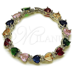 Pulsera Tennis 03.460.0004.07 Rodio Laminado, Diseño de Corazón, con Zirconia Cubica Multicolor y Blanca, Pulido, Rodinado (Grosor 08.6 MM, 7 Pulgadas de Largo)
