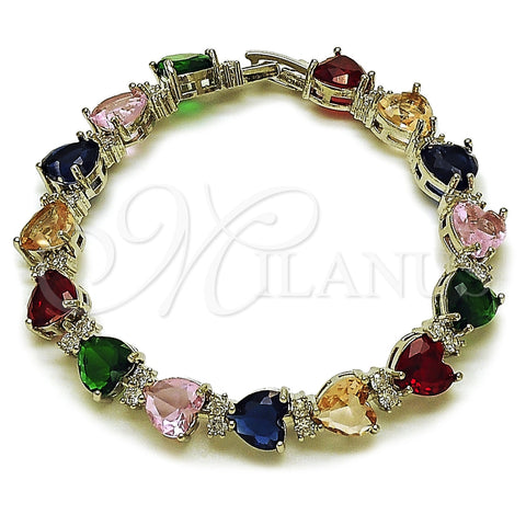 Pulsera Tennis 03.460.0004.07 Rodio Laminado, Diseño de Corazón, con Zirconia Cubica Multicolor y Blanca, Pulido, Rodinado (Grosor 08.6 MM, 7 Pulgadas de Largo)