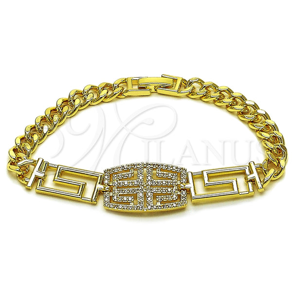 Pulsera Elegante 03.283.0565.07 Oro Laminado, Diseño de Llave Griega y Miami Cubana, con Micro Pave Blanca, Pulido, Tono Dorado (Grosor 06.5 MM, 7 Pulgadas de Largo)