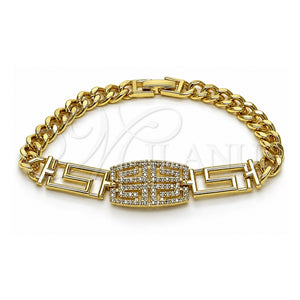 Pulsera Elegante 03.283.0565.07 Oro Laminado, Diseño de Llave Griega y Miami Cubana, con Micro Pave Blanca, Pulido, Tono Dorado (Grosor 06.5 MM, 7 Pulgadas de Largo)