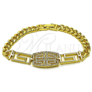 Pulsera Elegante 03.283.0565.07 Oro Laminado, Diseño de Llave Griega y Miami Cubana, con Micro Pave Blanca, Pulido, Tono Dorado (Grosor 06.5 MM, 7 Pulgadas de Largo)