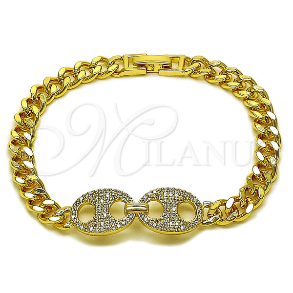 Pulsera Elegante 03.283.0578.07 Oro Laminado, Diseño de Puff Mariner y Miami Cubana, con Micro Pave Blanca, Pulido, Tono Dorado (Grosor 06.5 MM, 8 Pulgadas de Largo)