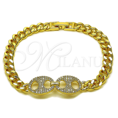 Pulsera Elegante 03.283.0578.07 Oro Laminado, Diseño de Puff Mariner y Miami Cubana, con Micro Pave Blanca, Pulido, Tono Dorado (Grosor 06.5 MM, 8 Pulgadas de Largo)