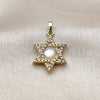 Dije Religioso 05.459.0029 Oro Laminado, Diseño de Estrella de Davi y Judaica, con Zirconia Cubica Blanca y Madre Perla Marfil, Pulido, Tono Dorado