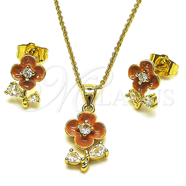 Juego de Arete y Dije de Adulto 10.156.0567 Oro Laminado, Diseño de Flor y Gota, con Zirconia Cubica Blanca, Esmaltado Marron, Tono Dorado