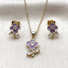 Juego de Arete y Dije de Adulto 10.156.0567.1 Oro Laminado, Diseño de Flor y Gota, con Zirconia Cubica Blanca, Esmaltado Violeta, Tono Dorado