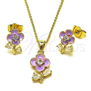 Juego de Arete y Dije de Adulto 10.156.0567.1 Oro Laminado, Diseño de Flor y Gota, con Zirconia Cubica Blanca, Esmaltado Violeta, Tono Dorado