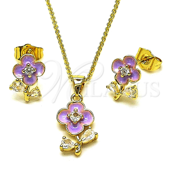 Juego de Arete y Dije de Adulto 10.156.0567.1 Oro Laminado, Diseño de Flor y Gota, con Zirconia Cubica Blanca, Esmaltado Violeta, Tono Dorado