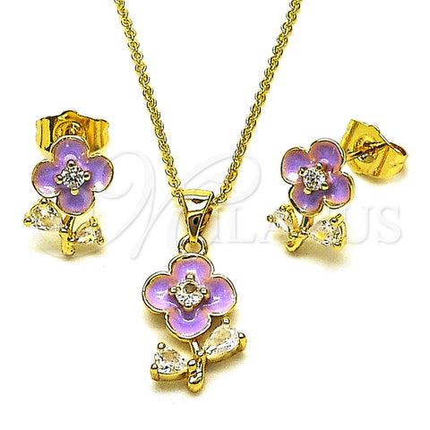 Juego de Arete y Dije de Adulto 10.156.0567.1 Oro Laminado, Diseño de Flor y Gota, con Zirconia Cubica Blanca, Esmaltado Violeta, Tono Dorado