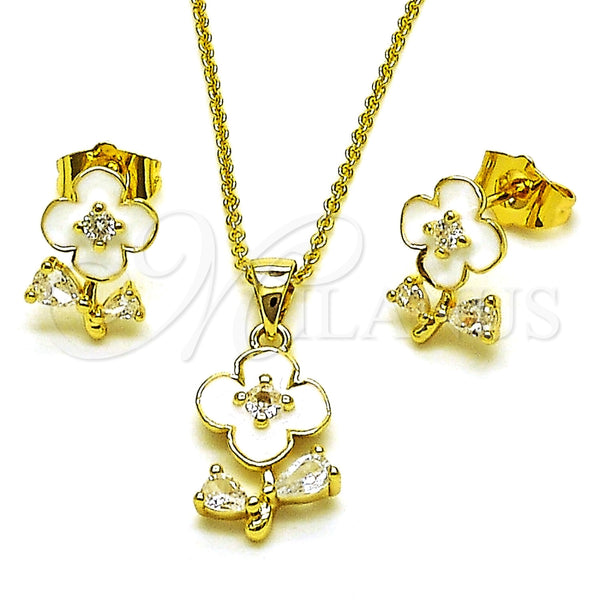Juego de Arete y Dije de Adulto 10.156.0567.2 Oro Laminado, Diseño de Flor y Gota, con Zirconia Cubica Blanca, Esmaltado Blanco, Tono Dorado