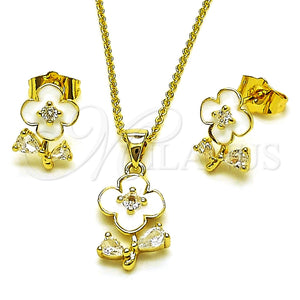 Juego de Arete y Dije de Adulto 10.156.0567.2 Oro Laminado, Diseño de Flor y Gota, con Zirconia Cubica Blanca, Esmaltado Blanco, Tono Dorado