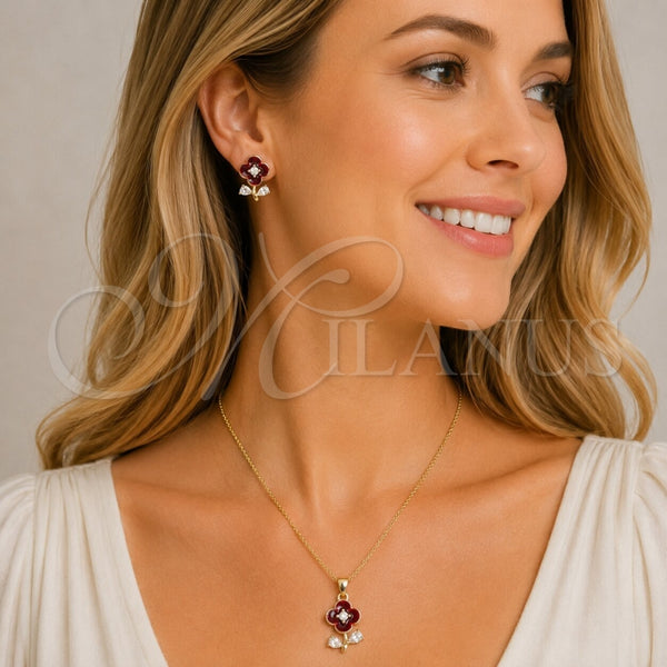 Juego de Arete y Dije de Adulto 10.156.0567.3 Oro Laminado, Diseño de Flor y Gota, con Zirconia Cubica Blanca, Esmaltado Rojo, Tono Dorado