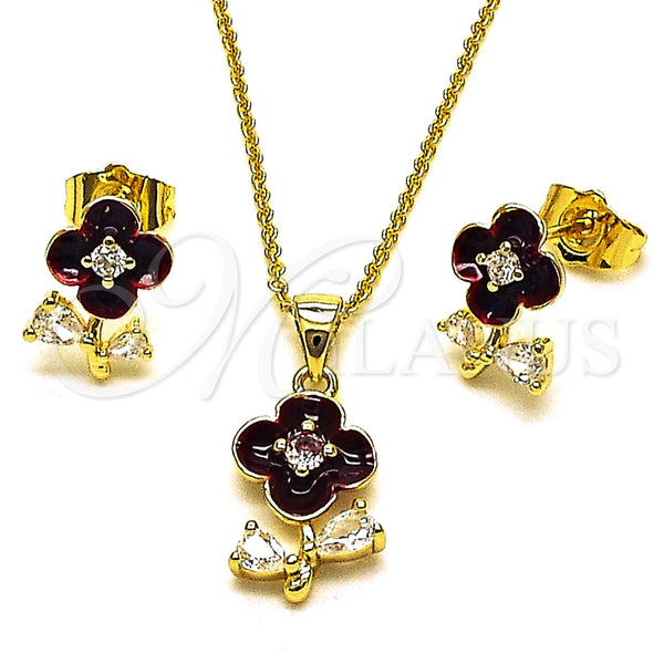 Juego de Arete y Dije de Adulto 10.156.0567.3 Oro Laminado, Diseño de Flor y Gota, con Zirconia Cubica Blanca, Esmaltado Rojo, Tono Dorado
