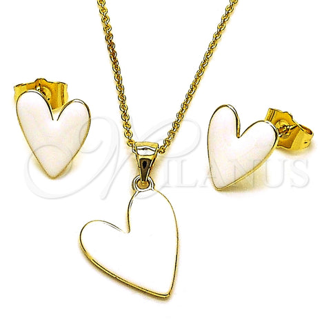 Juego de Arete y Dije de Adulto 10.156.0568 Oro Laminado, Diseño de Corazón, Esmaltado Blanco, Tono Dorado