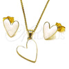 Juego de Arete y Dije de Adulto 10.156.0568 Oro Laminado, Diseño de Corazón, Esmaltado Blanco, Tono Dorado