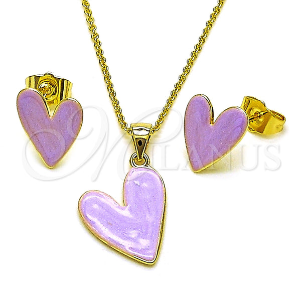Juego de Arete y Dije de Adulto 10.156.0568.1 Oro Laminado, Diseño de Corazón, Esmaltado Violeta, Tono Dorado