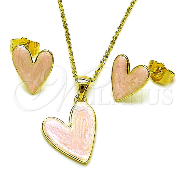 Juego de Arete y Dije de Adulto 10.156.0568.2 Oro Laminado, Diseño de Corazón, Esmaltado Rosado, Tono Dorado