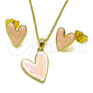 Juego de Arete y Dije de Adulto 10.156.0568.2 Oro Laminado, Diseño de Corazón, Esmaltado Rosado, Tono Dorado
