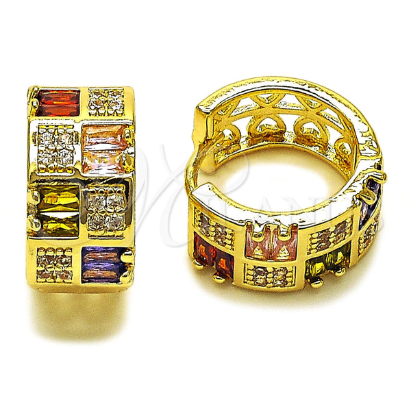 Argolla Huggie 02.267.0073.5.16 Oro Laminado, Diseño de Baguette y Corazón, con Zirconia Cubica Multicolor y Blanca, Pulido, Tono Dorado