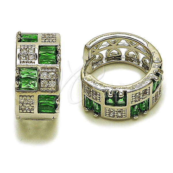 Argolla Huggie 02.267.0073.8.16 Rodio Laminado, Diseño de Baguette y Corazón, con Zirconia Cubica Verde y Blanca, Pulido, Rodinado