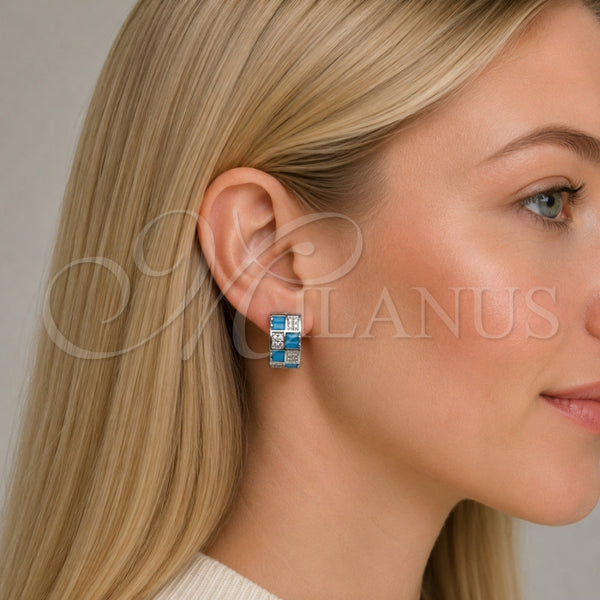Argolla Huggie 02.267.0073.9.16 Rodio Laminado, Diseño de Baguette y Corazón, con Zirconia Cubica Turquoise y Blanca, Pulido, Rodinado