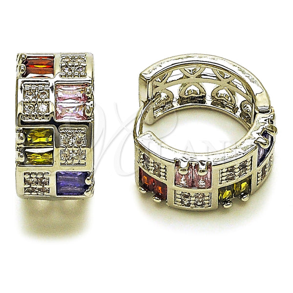 Argolla Huggie 02.267.0073.11.16 Rodio Laminado, Diseño de Baguette y Corazón, con Zirconia Cubica Multicolor y Blanca, Pulido, Rodinado