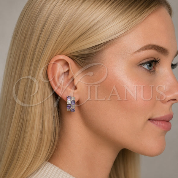 Argolla Huggie 02.267.0075.8.16 Rodio Laminado, con Zirconia Cubica Amatista y Micro Pave Blanca, Pulido, Rodinado