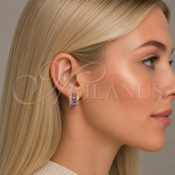 Argolla Huggie 02.267.0076.3.15 Oro Laminado, Diseño de Cluster, con Zirconia Cubica Amatista y Blanca, Pulido, Tono Dorado
