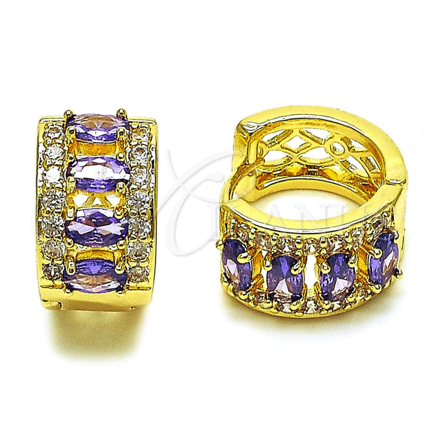 Argolla Huggie 02.267.0076.3.15 Oro Laminado, Diseño de Cluster, con Zirconia Cubica Amatista y Blanca, Pulido, Tono Dorado