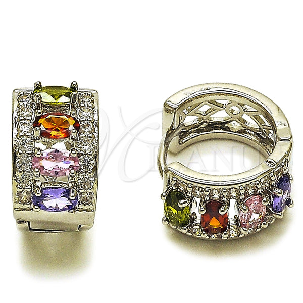 Argolla Huggie 02.267.0076.9.15 Rodio Laminado, Diseño de Cluster, con Zirconia Cubica Multicolor y Blanca, Pulido, Rodinado