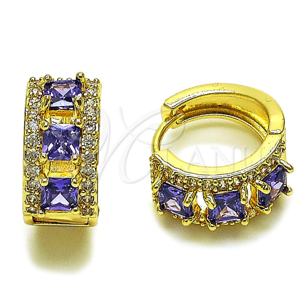 Argolla Huggie 02.267.0077.3.15 Oro Laminado, Diseño de Cluster, con Zirconia Cubica Amatista y Blanca, Pulido, Tono Dorado