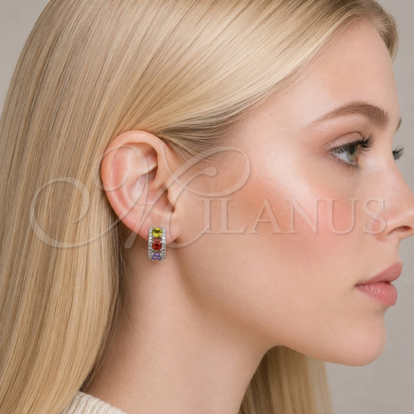 Argolla Huggie 02.267.0077.9.15 Rodio Laminado, Diseño de Cluster, con Zirconia Cubica Multicolor y Blanca, Pulido, Rodinado