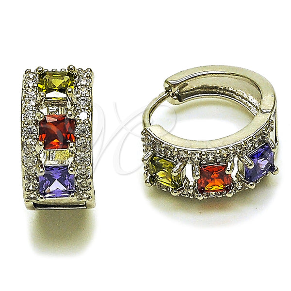 Argolla Huggie 02.267.0077.9.15 Rodio Laminado, Diseño de Cluster, con Zirconia Cubica Multicolor y Blanca, Pulido, Rodinado